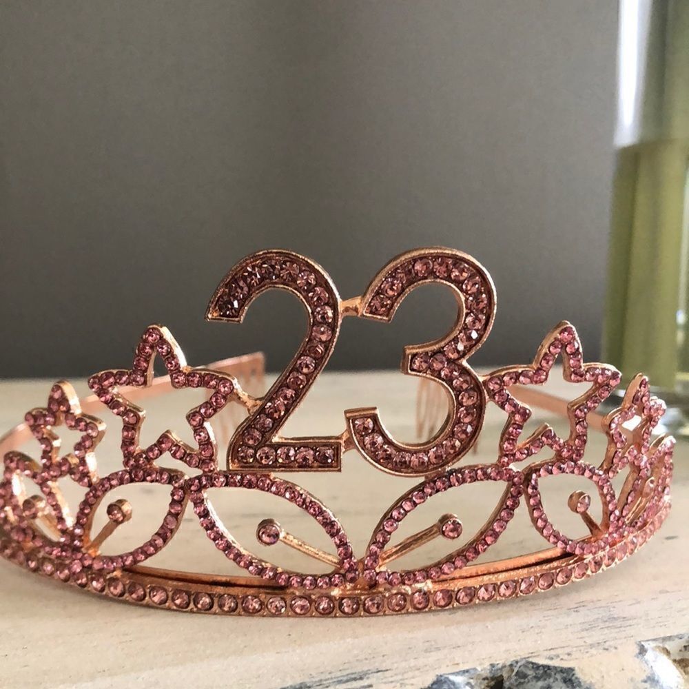 Rose gold “23” Birthday tiara crown with pink rhinestones.